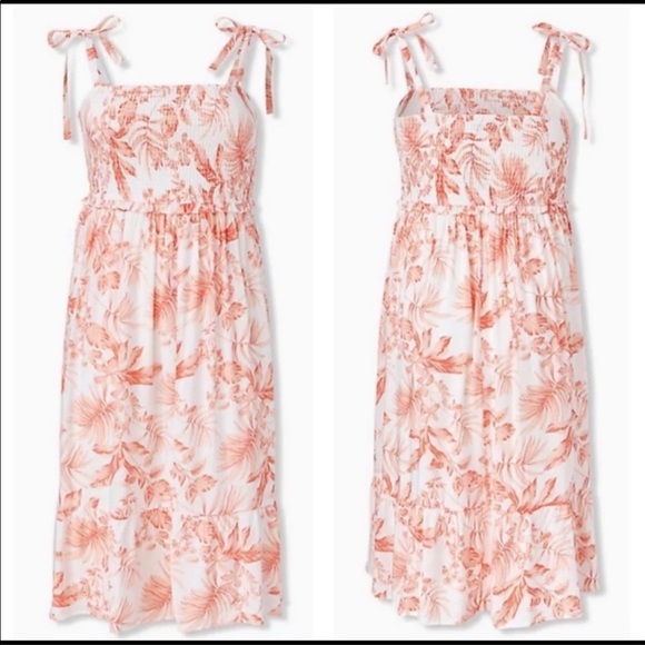 torrid Dresses & Skirts - Torrid White & Coral Challis Tie Strap Smocked Midi Summer Dress Size 2X